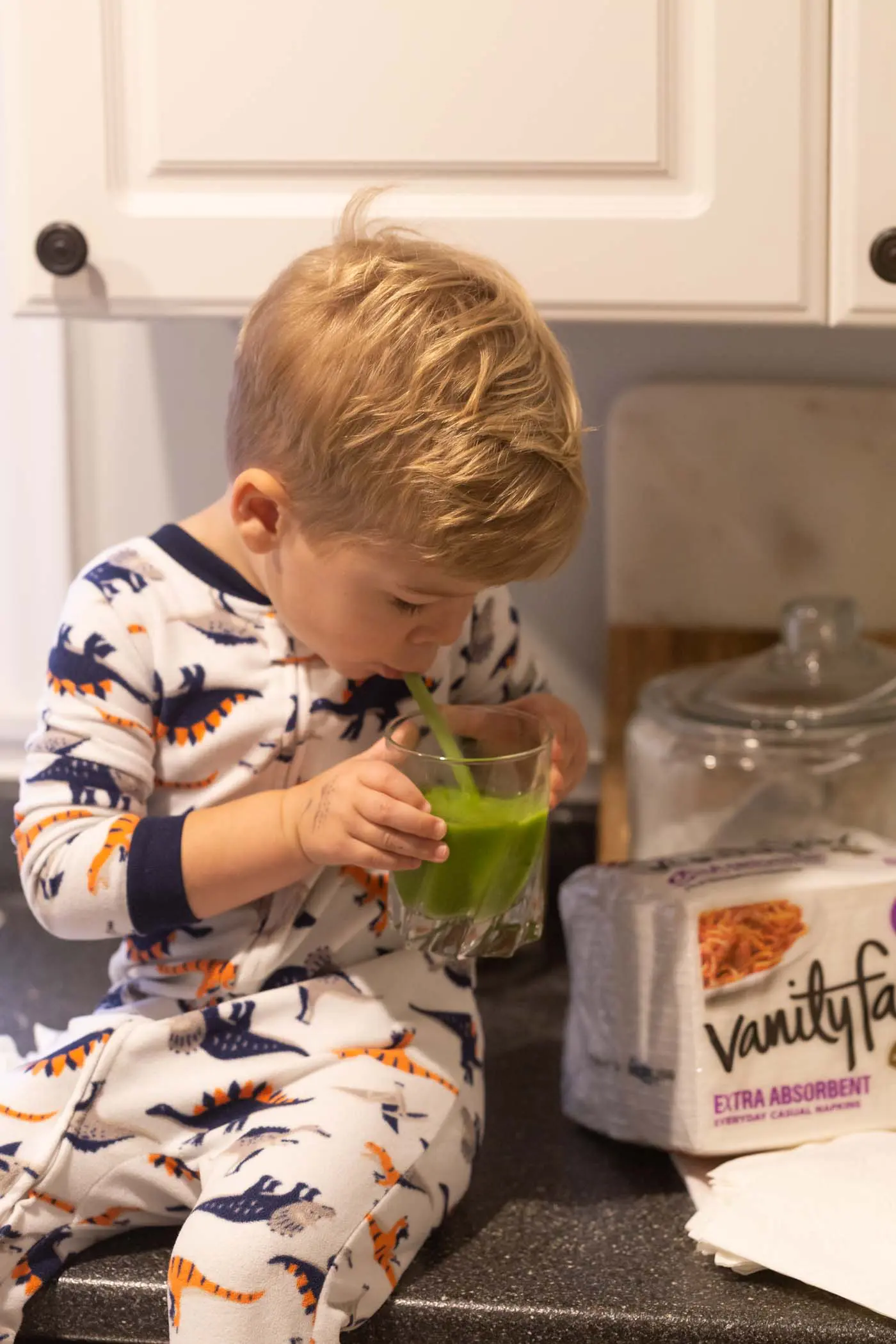 Vanity Fair® Napkins and Our Favorite Green Smoothie made with frozen mango, pineapples, banana, flax seed, TONS of spinach and unsweetened almond milk