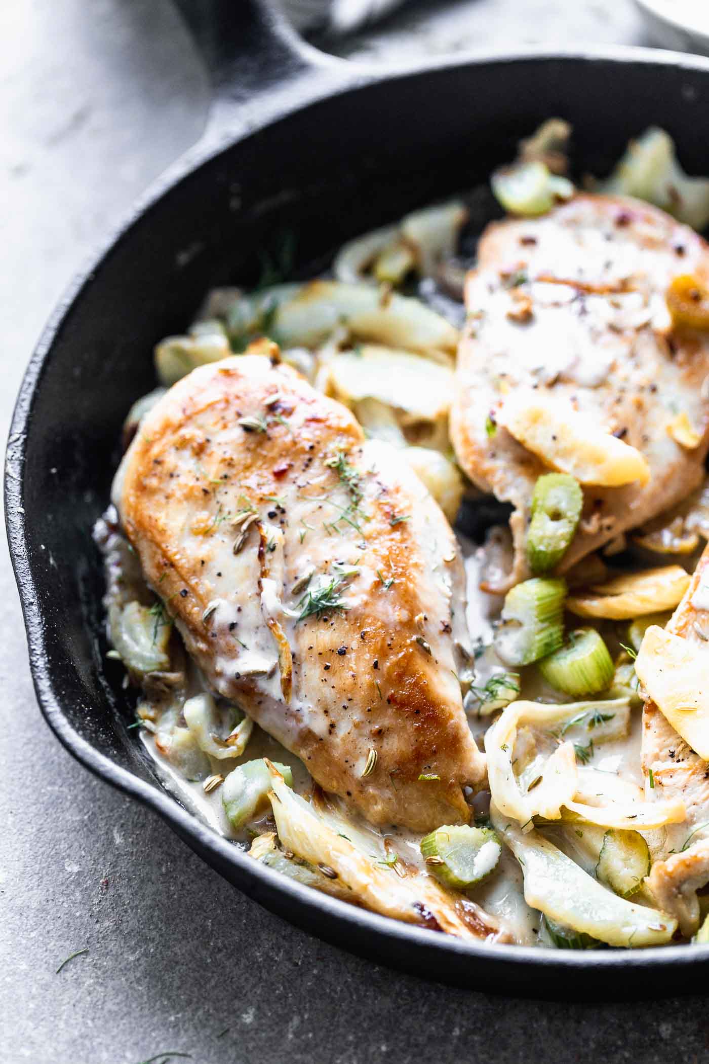 Chicken with Roasted Fennel and Apple Brandy Cream Sauce 