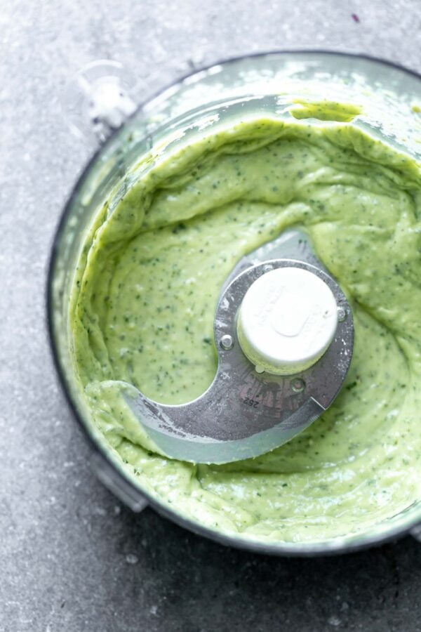 Brussels Sprout Green Goddess Salad with Bacon and Grilled Chicken