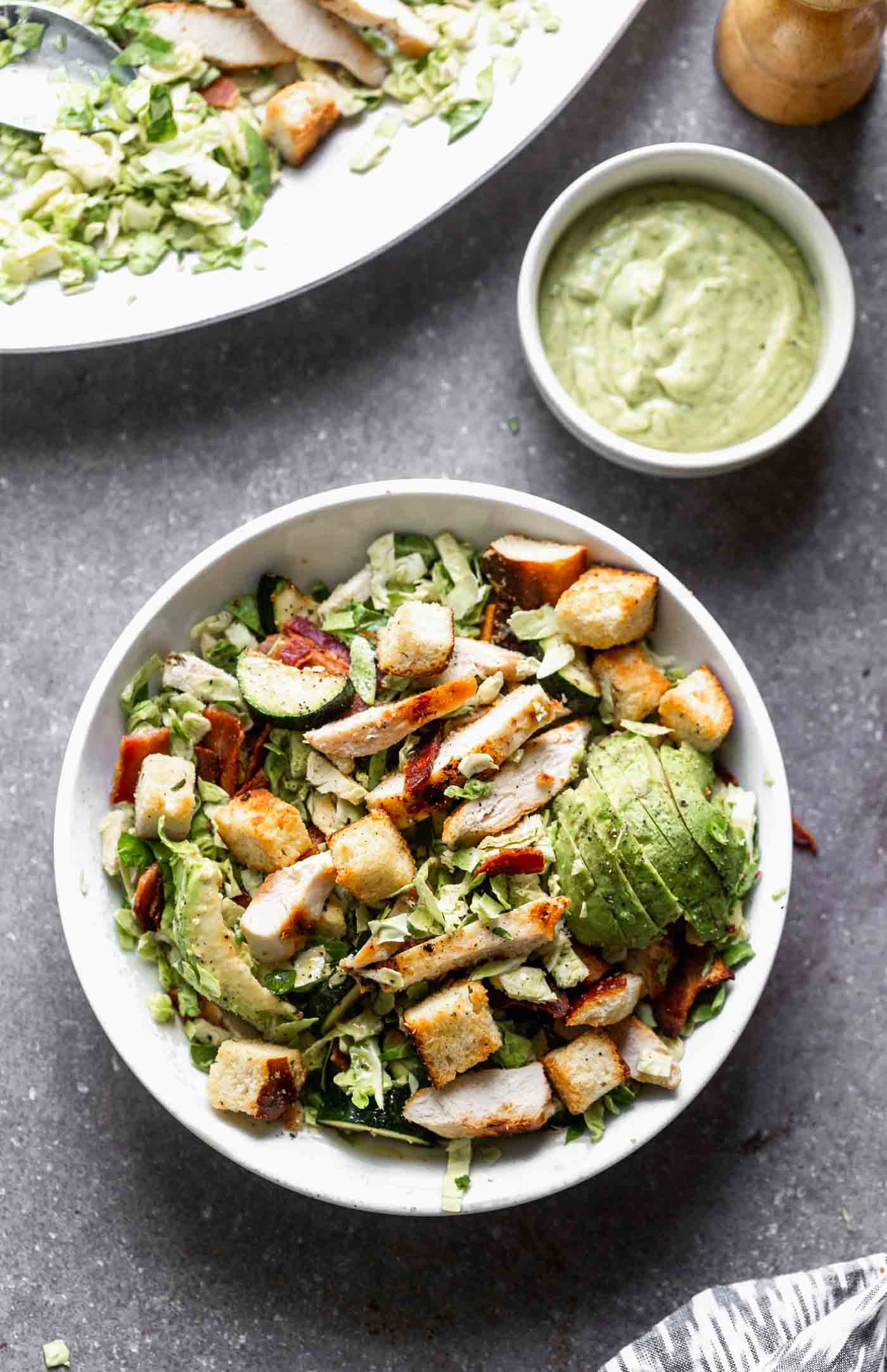 Green Goddess Brussels Sprout Salad with Bacon and Grilled Chicken