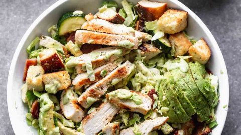 Green Goddess Brussels Sprout Salad with Bacon and Grilled Chicken