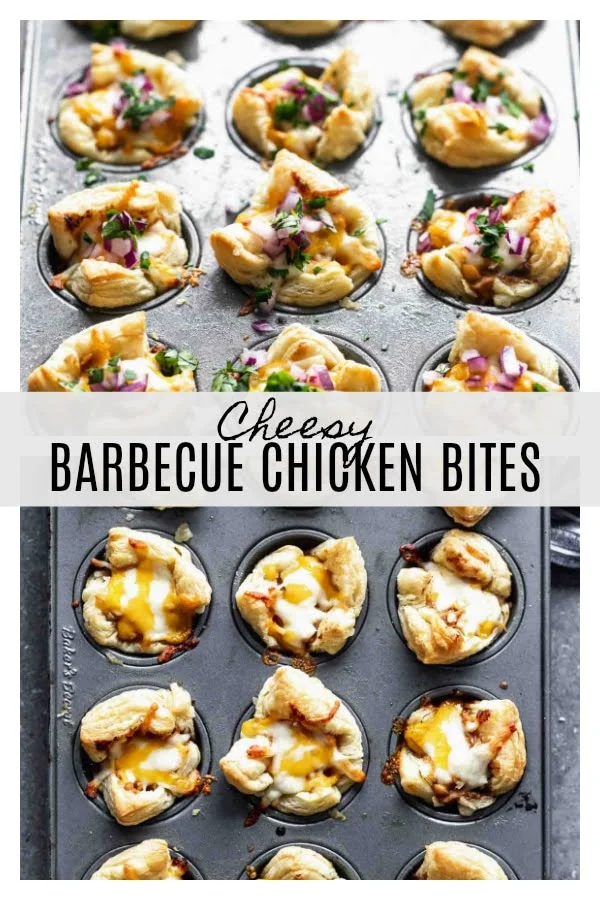 Cheesy Barbecue Chicken Bites: Barbecue Chicken Pizza meets crispy, flaky puff pastry. Minimal ingredients and the perfect Game Day app! 