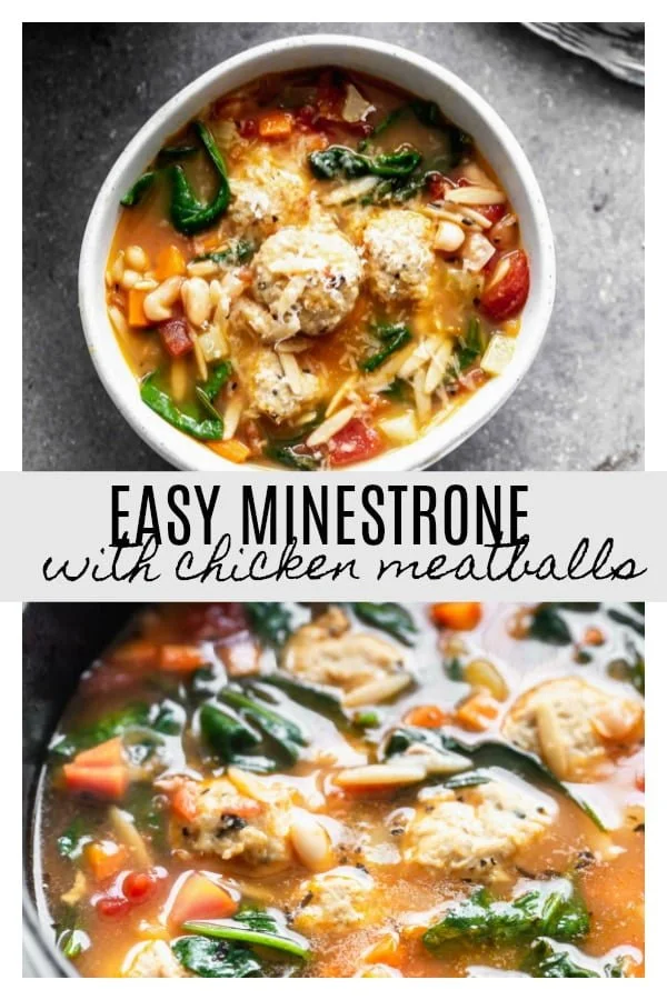 Minestrone with Chicken Meatballs is a hybrid of two comforting soups - minestrone and Italian wedding soup. With a rich, parmesan-infused broth, tons of veggies, whole-wheat orzo, and the most tender, flavorful chicken meatballs, this is a healthy winter soup worth making over and over again.