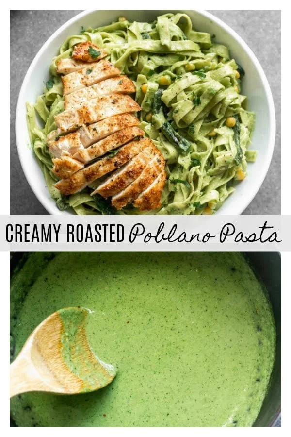 Creamy Roasted Poblano Pasta: Silky strands of tagliatelle pasta twirled in a smoky, spicy, DELICIOUS Poblano Cream Sauce. There's also hints of cilantro and garlic - yum! Perfect for date night, Friday night, or really, any night.