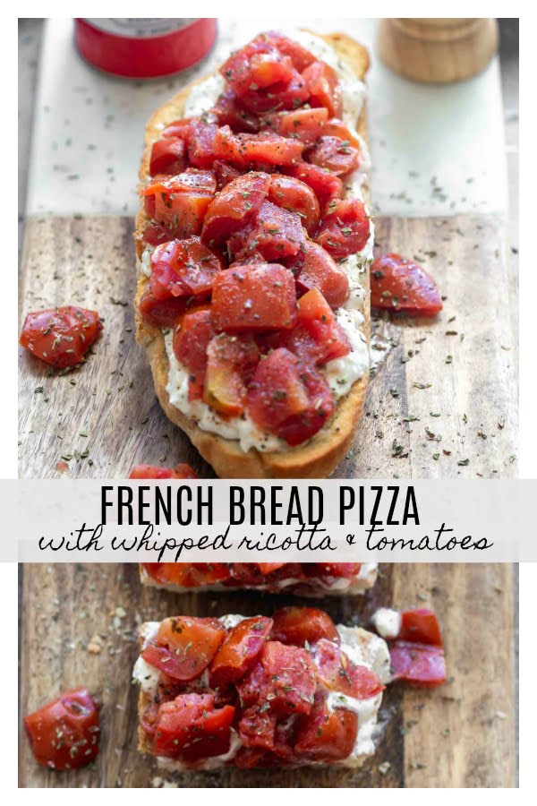 Crispy French bread halves are smothered with creamy whipped ricotta and topped with simply seasoned tomatoes. Serve with a crisp salad or as an appetizer!