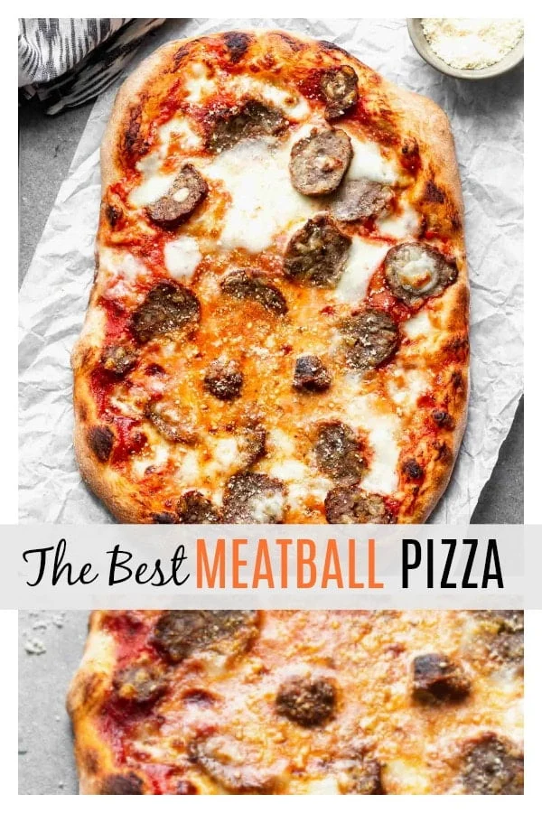 Tender, flavor-packed meatballs are sliced and layered with fresh mozzarella, parmesan cheese and a spaghetti and a meatball-inspired marinara sauce, in the&nbsp;<strong>Best Meatball Pizza Recipe.</strong> Topped with a fresh dusting of parmesan cheese, this simple pizza will become a new favorite! Perfect for leftover meatballs!