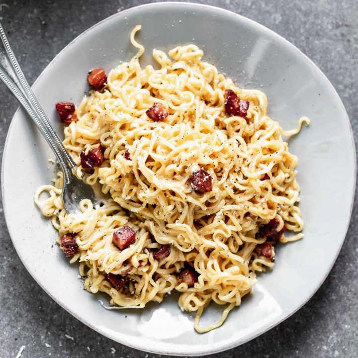 A plate of pasta carbonara