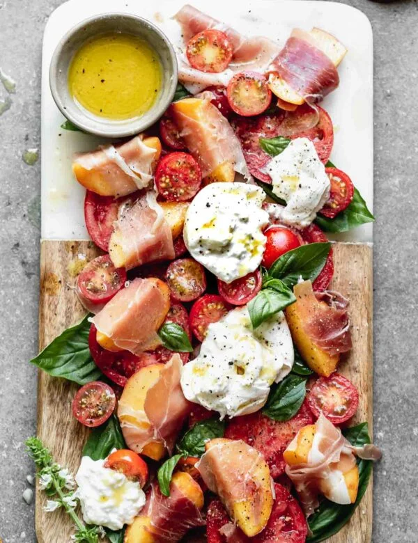 Peach and Tomato Caprese Salad with Burrata