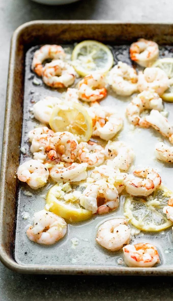 Baked Lemon Shrimp has only FIVE ingredients, and is packed with lemon, garlic, and buttery goodness. Such an easy weeknight meal! 