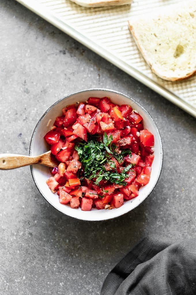 Tomatoes, basil, garlic, and olive oil. 