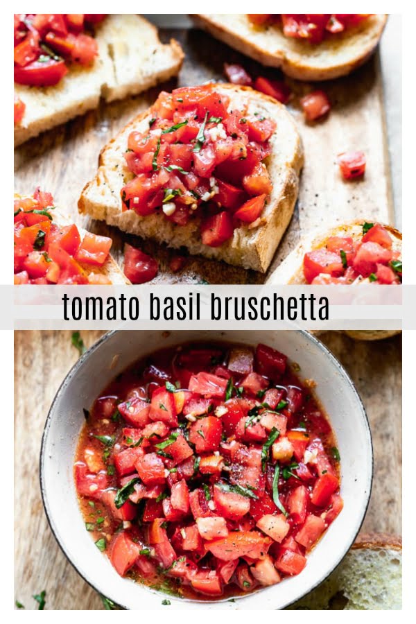 Tomato Basil Bruschetta is a classic Italian appetizer, and something everyone should make when tomatoes are at their peak. This version is completely authentic with just tomatoes, basil, olive oil, and a little bit of salt and pepper to season the tomatoes. &nbsp;It's served with crusty Italian bread, and that's it!