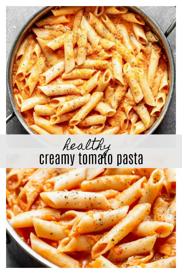 This Creamy Tomato Pasta Recipe is something we make at least a few times a month because it's easy to throw together and the whole family loves it! Bonus? It's packed with puréed carrots and Greek yogurt instead of cream, so it's also secretly healthy. A win for everyone. 