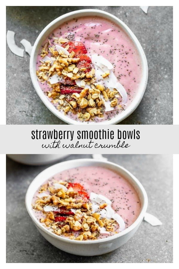 Strawberry Smoothie Bowls with Walnut Crumble – a healthy, filling, and delicious way to start your day. These are easy to throw together on busy mornings, and most importantly, fun for kids and parents to eat. They're packed with frozen strawberries, bananas, flax, and walnut milk and then topped with any easy oat and walnut mixture.