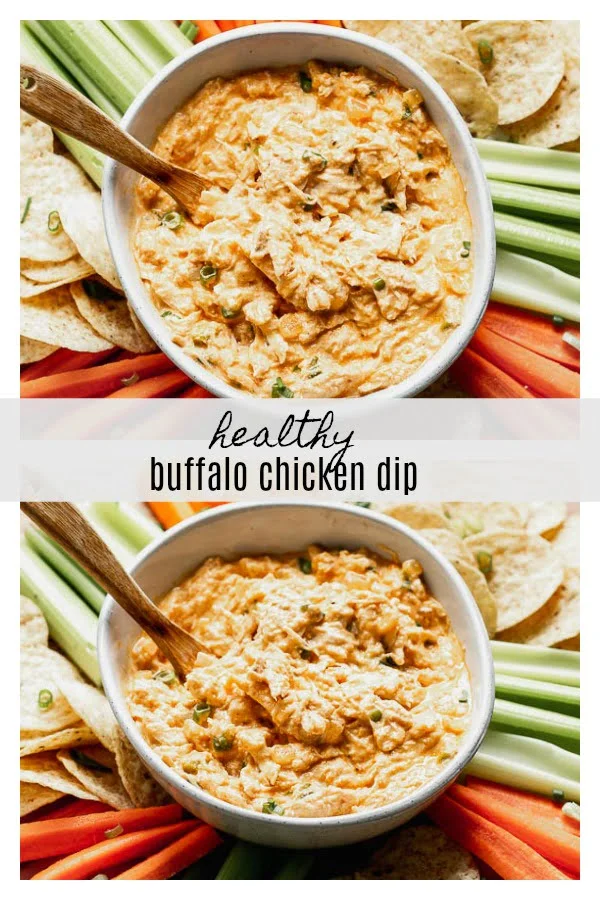 Healthy Buffalo Chicken Dip (without cream cheese!) is paced with Greek yogurt, onion and garlic, buffalo sauce, a little bit of blue cheese, a touch of mayo, and plenty of tender shredded chicken.