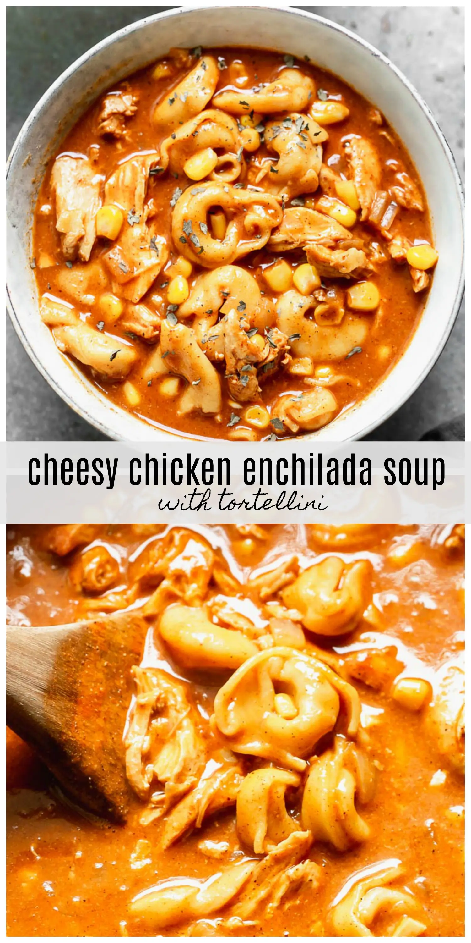 Cheesy Chicken Enchilada Soup with Tortellini is the easiest throw-it-all-in-a-pot, cozy fall soup. It's packed with tender chicken, sweet corn, tortellini, the most delicious enchilada-like flavor, plenty of sharp cheddar cheese. Comforting and so delicious. 