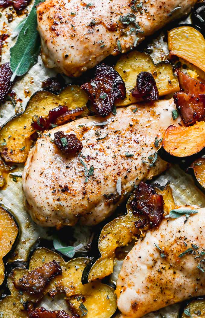 Sheet Pan Brown Sugar Chicken with Bacon and Acorn Squash