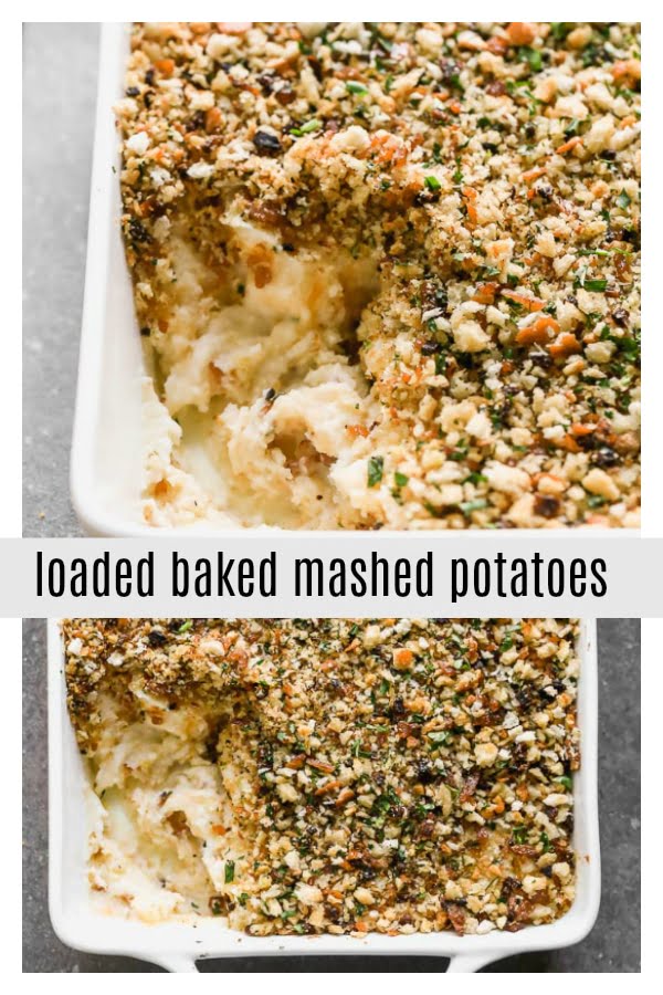 Baked Mashed Potatoes with Cheese are the perfect make ahead mashed potato recipe for your holiday gatherings. These cheesy loaded mashed potatoes are packed with sharp cheddar cheese and sour cream and then topped with a buttery bacon and herb bread crumb. Basically, they taste like a loaded baked potato in mashed potato casserole form. So good! 