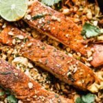 Pad Thai Salmon has all of the flavors of a classic pad Thai, but skips the noodles in lieu of sautéed veggies nestled beneath a crispy filet of salmon. Quick, easy, and healthy!  