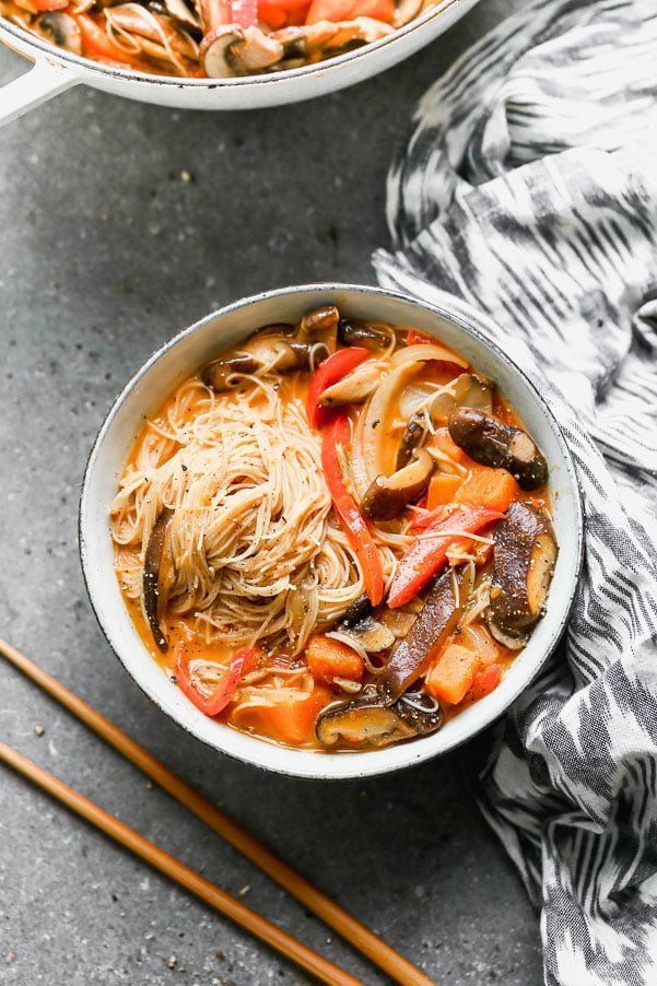 Vegetable Coconut Curry Soup with Brown Rice Noodles