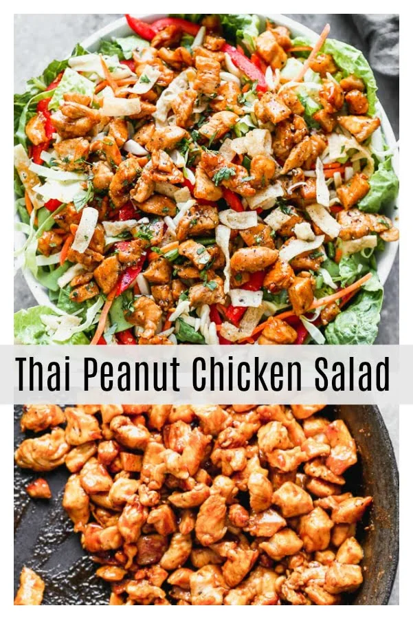 Thai Peanut Chicken Salad is packed with crisp cabbage, plenty of veggies, slivered almonds, and crunchy wonton noodles. It's tossed in a quick sesame vinaigrette and topped off with crispy, saucy peanut-laced chicken. So many delicious flavors and textures happening here!