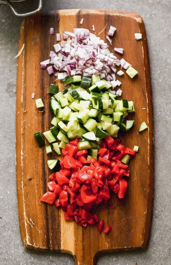 Roasted red peppers, cucumbers, and red onion