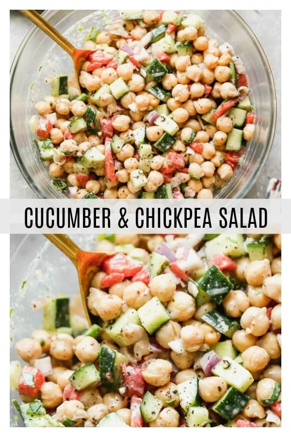 Cucumber and Chickpea Salad is refreshing, healthy, and packed with flavor and texture. It's simple. Hearty protein-packed chickpeas are tossed with crunchy cucumber, smoky roasted red peppers, and red onions. It's all tossed in a creamy red wine vinegar and tahini dressing with just a hint of smokiness from ground sumac. The perfect lunch or side for dinner.&nbsp;