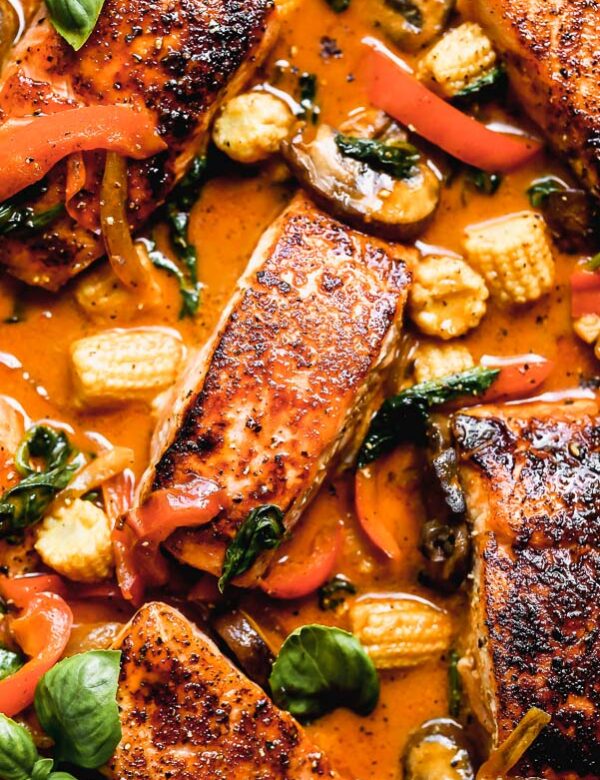 Red Curry Salmon and Veggies: One skillet, 30-minute meal.