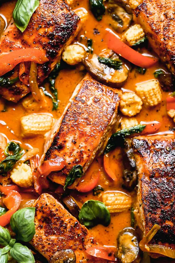 Red Curry Salmon and Veggies: One skillet, 30-minute meal. 