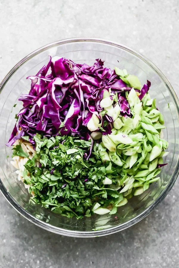 Red cabbage, green onion, and cilantro with whole-wheat orzo. 