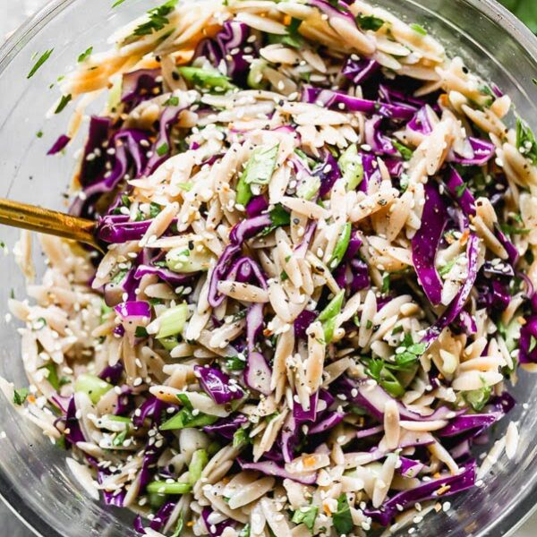Our Cold Orzo Salad with Sesame is packed with whole-wheat orzo, a DELISH sesame lime vinaigrette, and loads of veggies. 25 minutes!