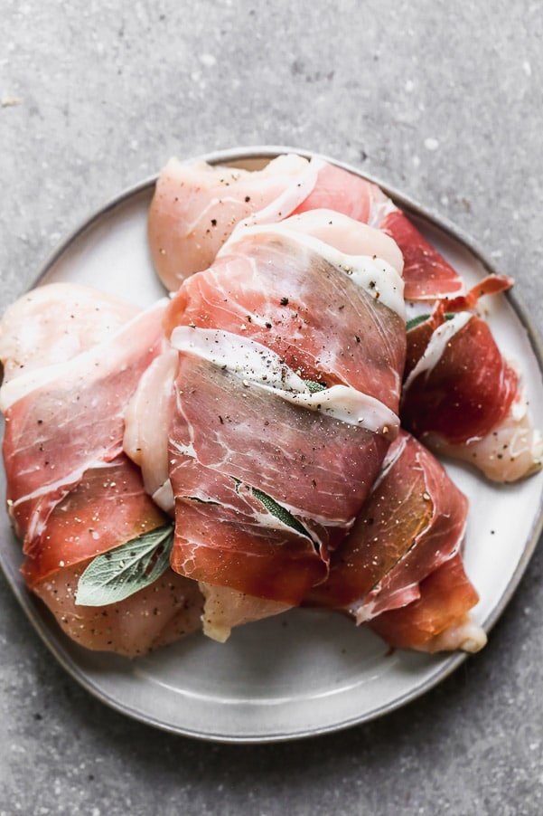 Chicken breasts wrapped in sage and prosciutto