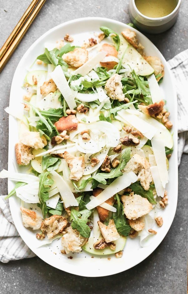 If you're looking for a way to step your salad game up, look no further than our Fennel and Apple Salad with Garlicky Croutons. We toss shaved fennel and Granny Smith apples with toasted walnuts, homemade sourdough croutons and shreds of parmesan cheese, and then drizzle it all in a simple lemon-y vinaigrette.&nbsp;