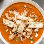 Indian Tomato Soup with Crispy Naan Croutons