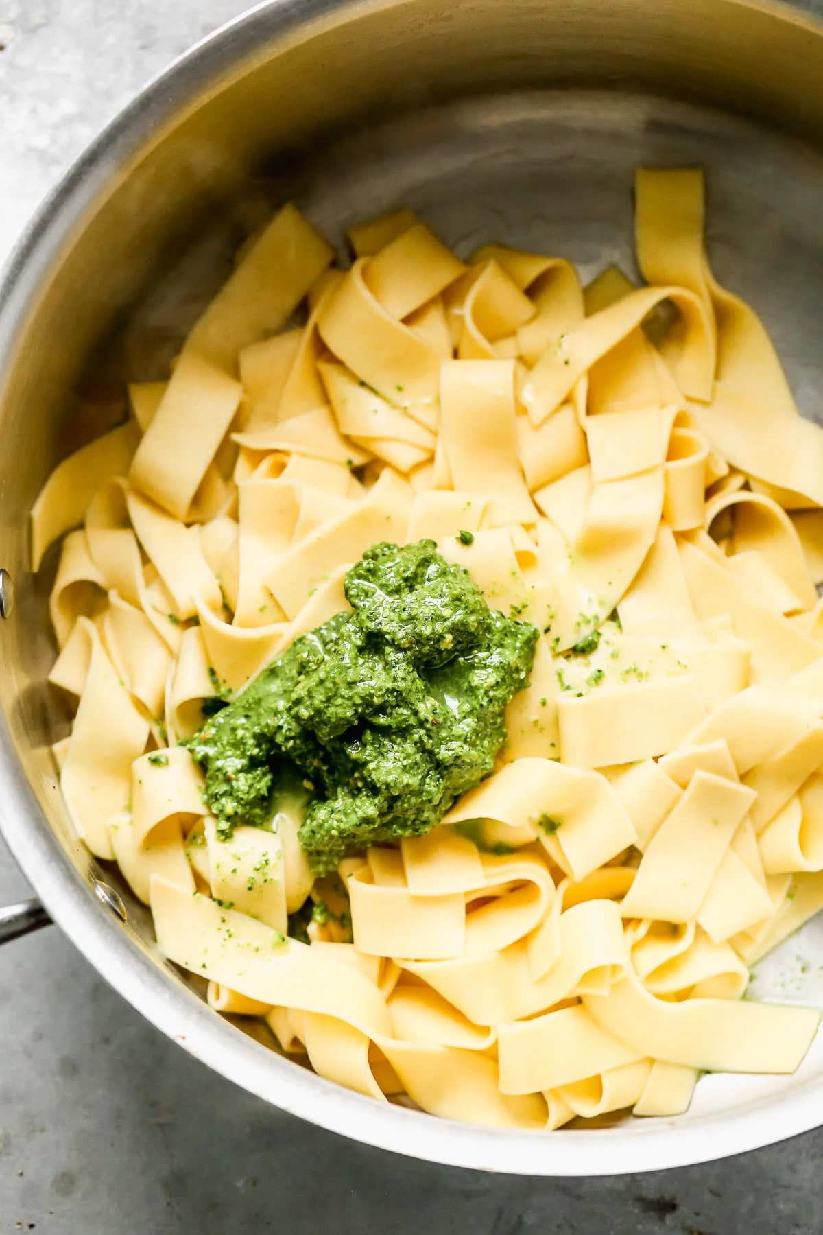Toss Pesto with Pappardelle 