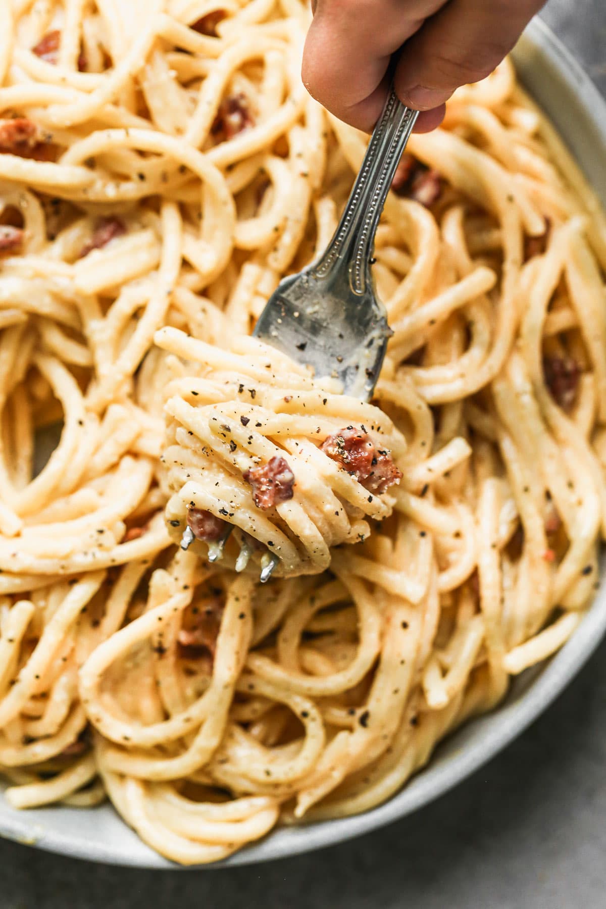 Silky-smooth noodles twirled in a rich, creamy (but cream-less) sauce, nutty pecorino cheese, and bits of salty bacon, our Bucatini Carbonara is the ultimate in Italian comfort food and arguably, the simplest.  Our version amps up the amount of both cheese and bacon, adds in a little bit of garlic, and swaps out classic spaghetti for thick bucatini noodles.