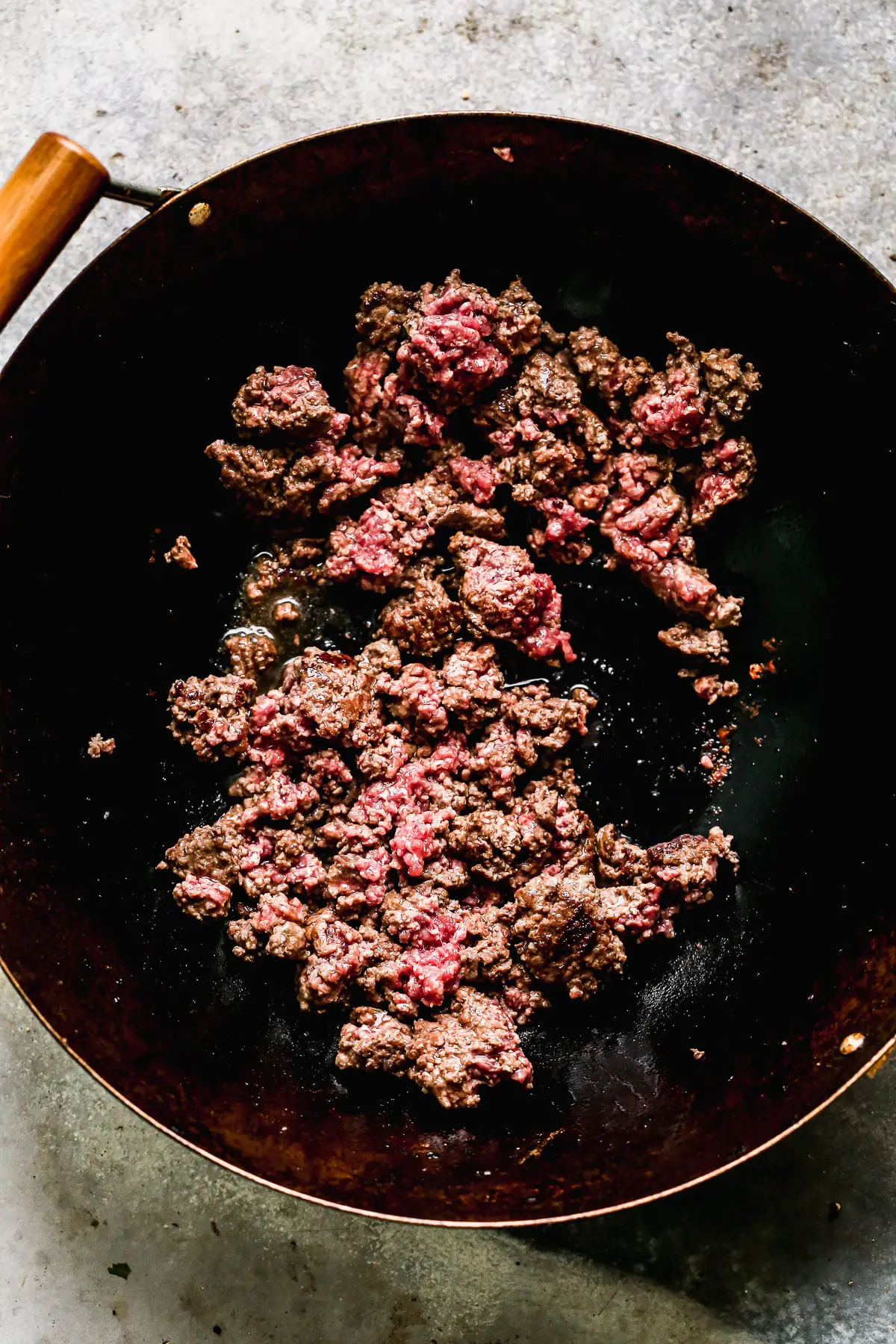 Ground Beef cooking in a wok