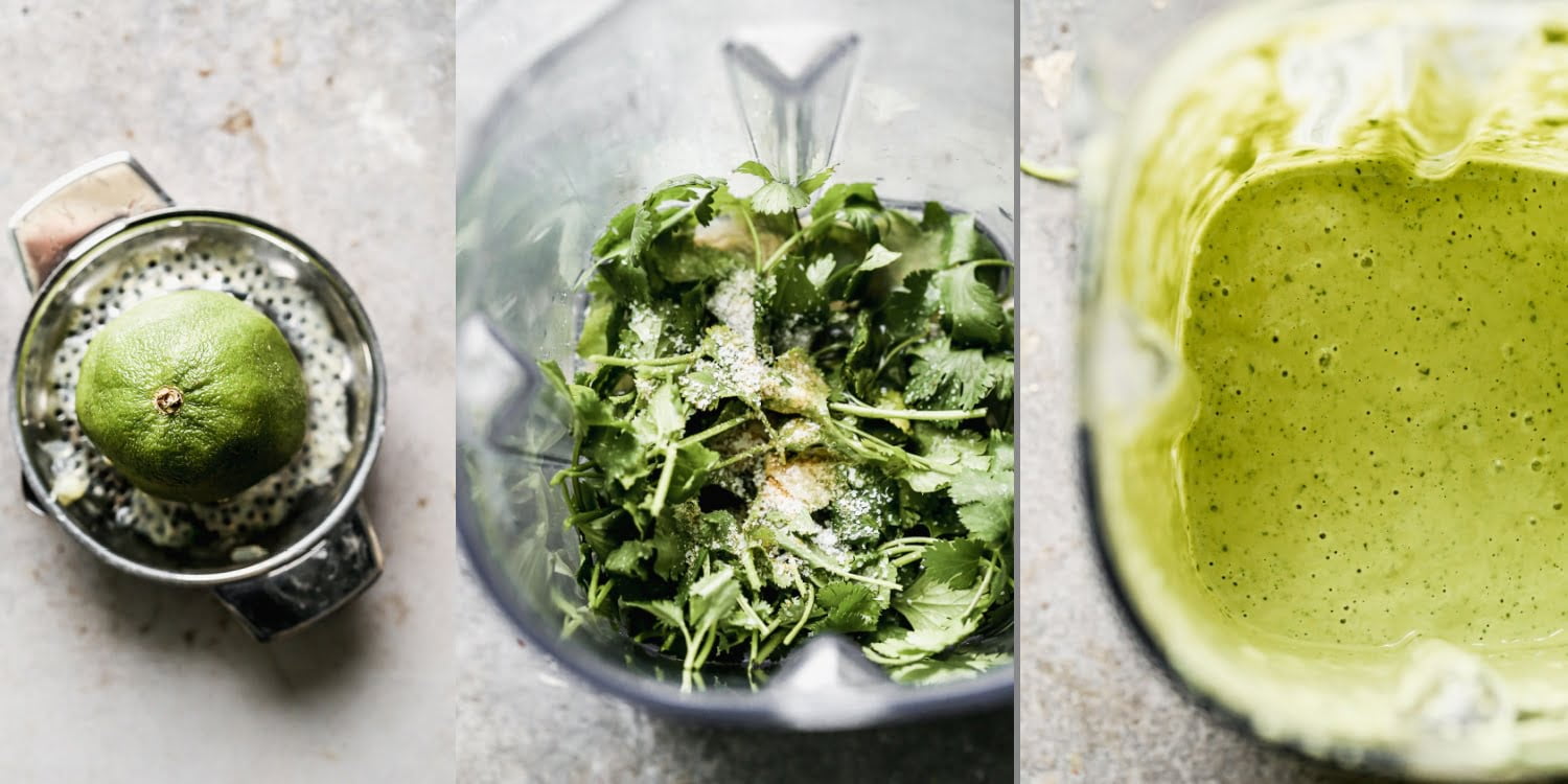 Green tahini sauce being made in the blender