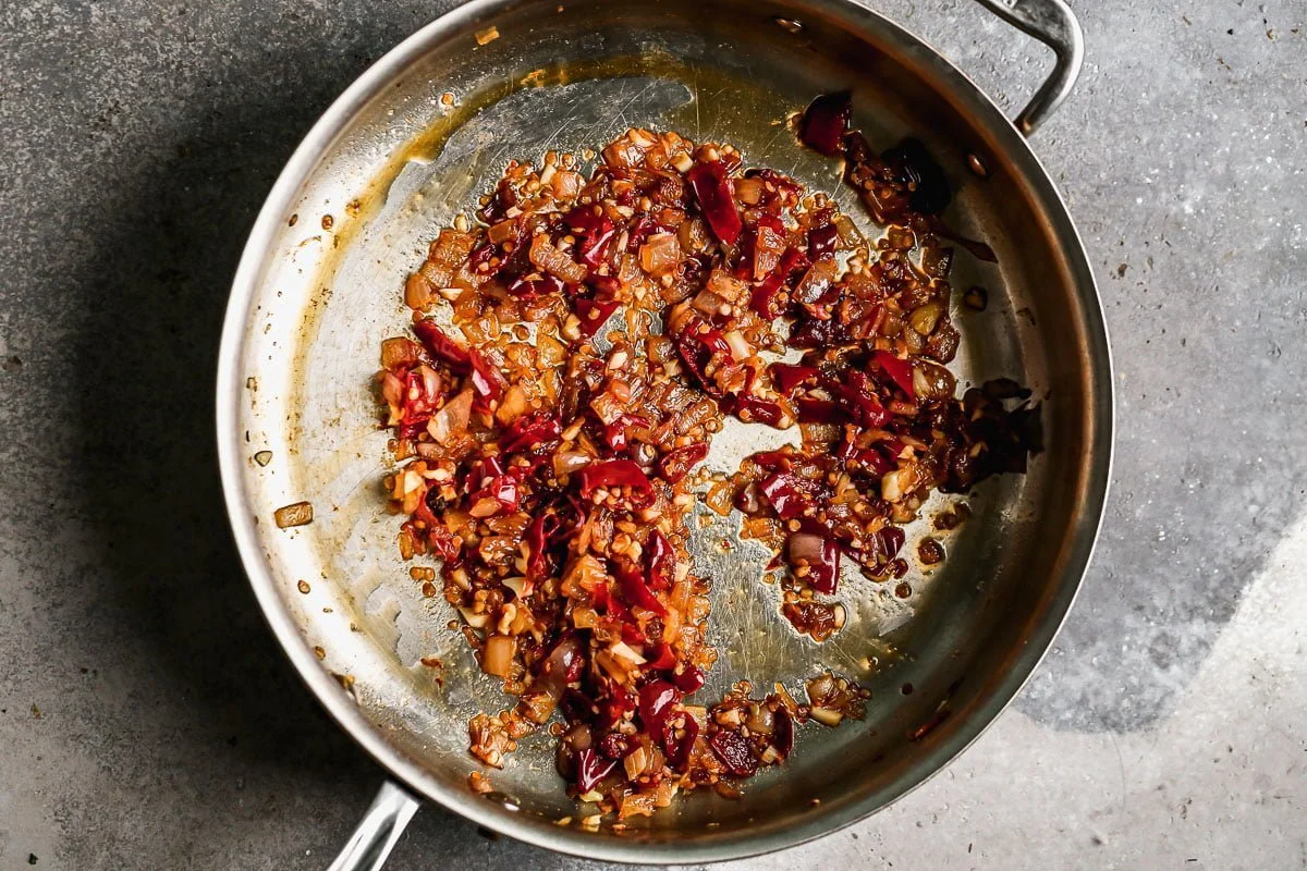 shallots, garlic, and Calabrian chilis. 