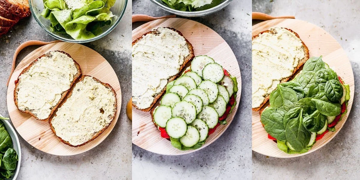 Pistachio goat cheese on whole-wheat bread, layered with and spinach.
