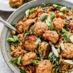 Our current favorite was to do meatballs: Asian Chicken Meatballs with Saucy Sesame and Hoisin Orzo. This fun spin on a classic pairs tender, garlic and ginger BAKED meatballs with an orzo full of veggies and an addictive sauce you'll want to lick with the a spoon. Prep ahead and eat later in the week! 
