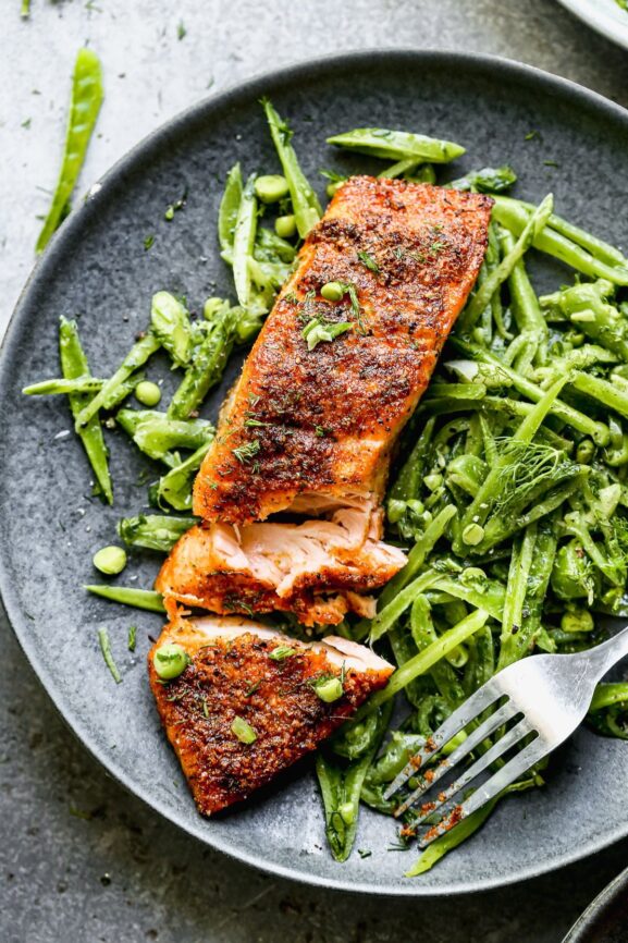 Blackened Air Fryer Salmon with Snap Pea Salad - Cooking for Keeps