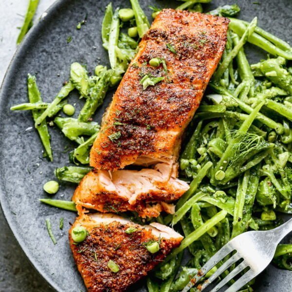 Blackened Air Fryer Salmon with Snap Pea Salad