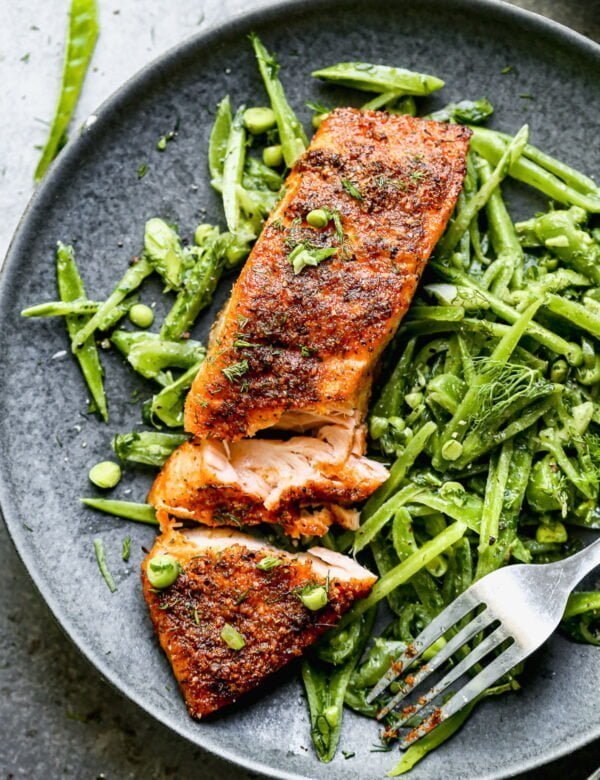 Blackened Air Fryer Salmon with Snap Pea Salad