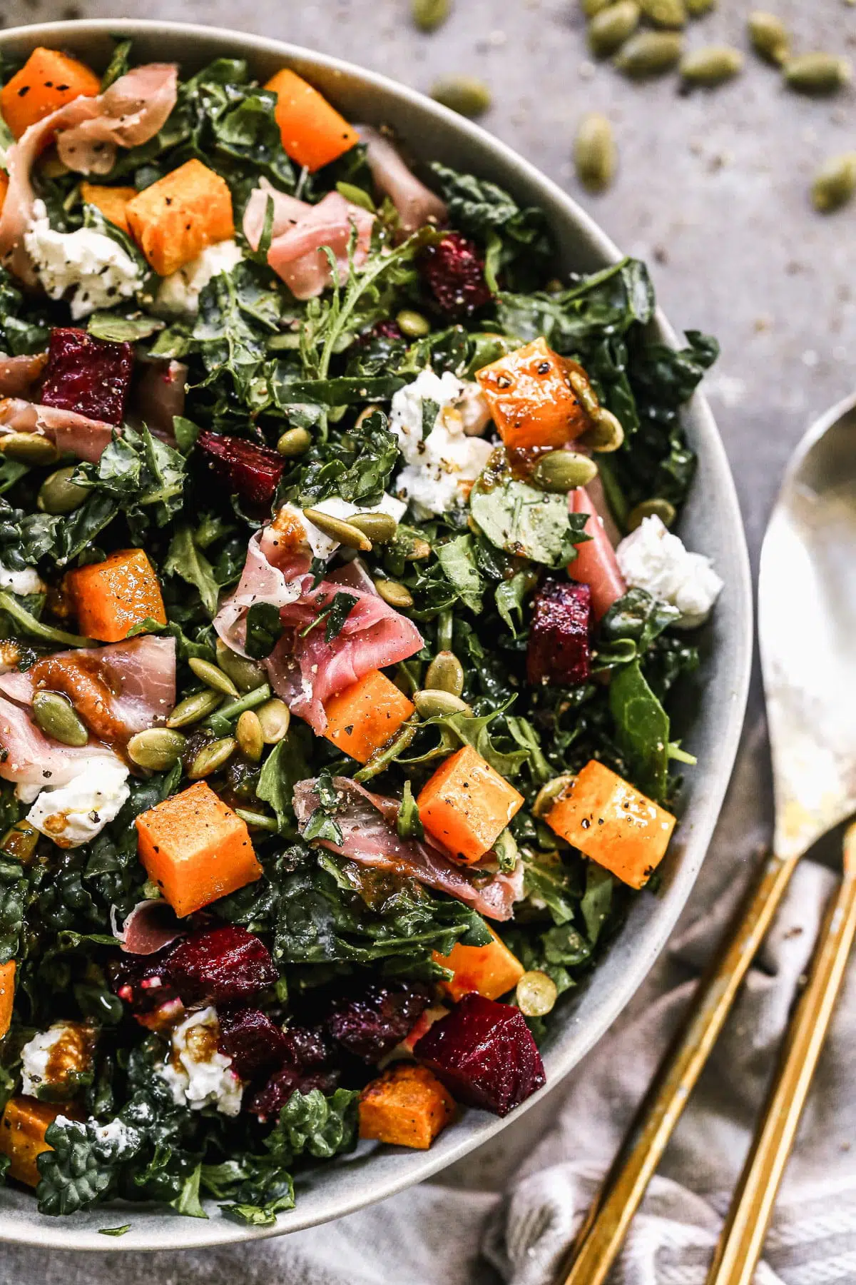 If you pick one salad to make on repeat this fall, let it be our Roasted Butternut Squash Salad. This fall-forward salad is packed with roasted butternut squash and beets, speckled with creamy goat cheese, crunchy pepita seeds and hand-torn pieces of salty prosciutto. We toss everything in a sweet and savory pumpkin vinaigrette and dig in.