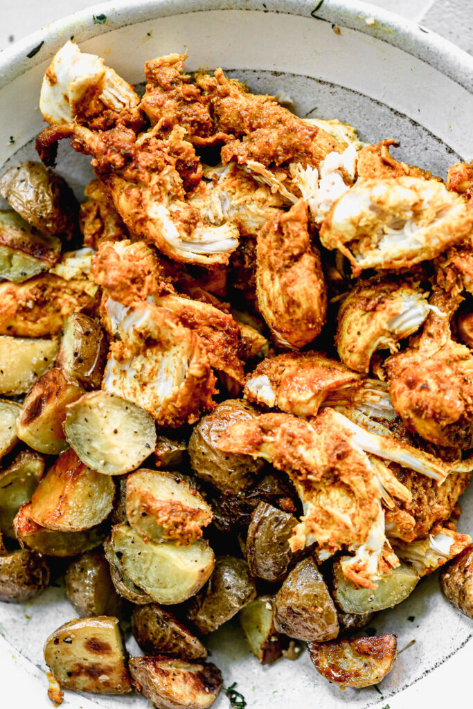 shredded chicken and roasted potatoes