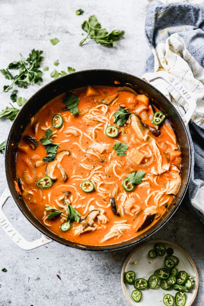 This Pumpkin Curry Ramen Recipe is packed with red curry paste, creamy coconut milk, and hints of pumpkin puree. We had heartiness with shiitake mushrooms, shredded chicken and plenty of sweet butternut squash.