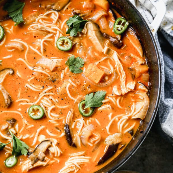 This Pumpkin Curry Ramen Recipe is packed with red curry paste, creamy coconut milk, and hints of pumpkin puree. We had heartiness with shiitake mushrooms, shredded chicken and plenty of sweet butternut squash.