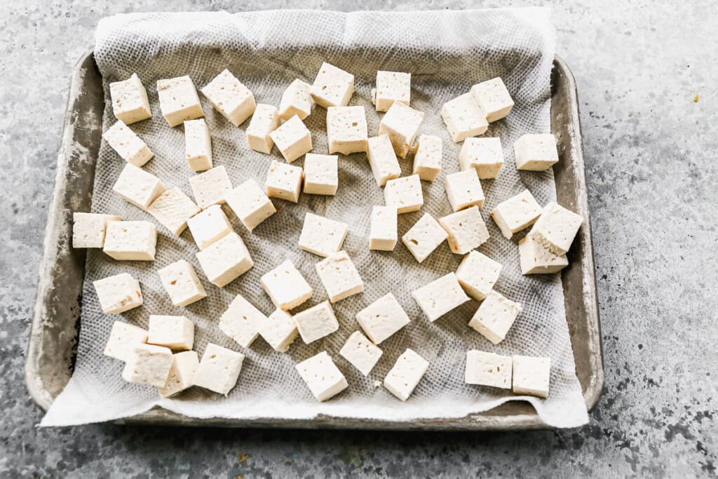 Cubed tofu drying out