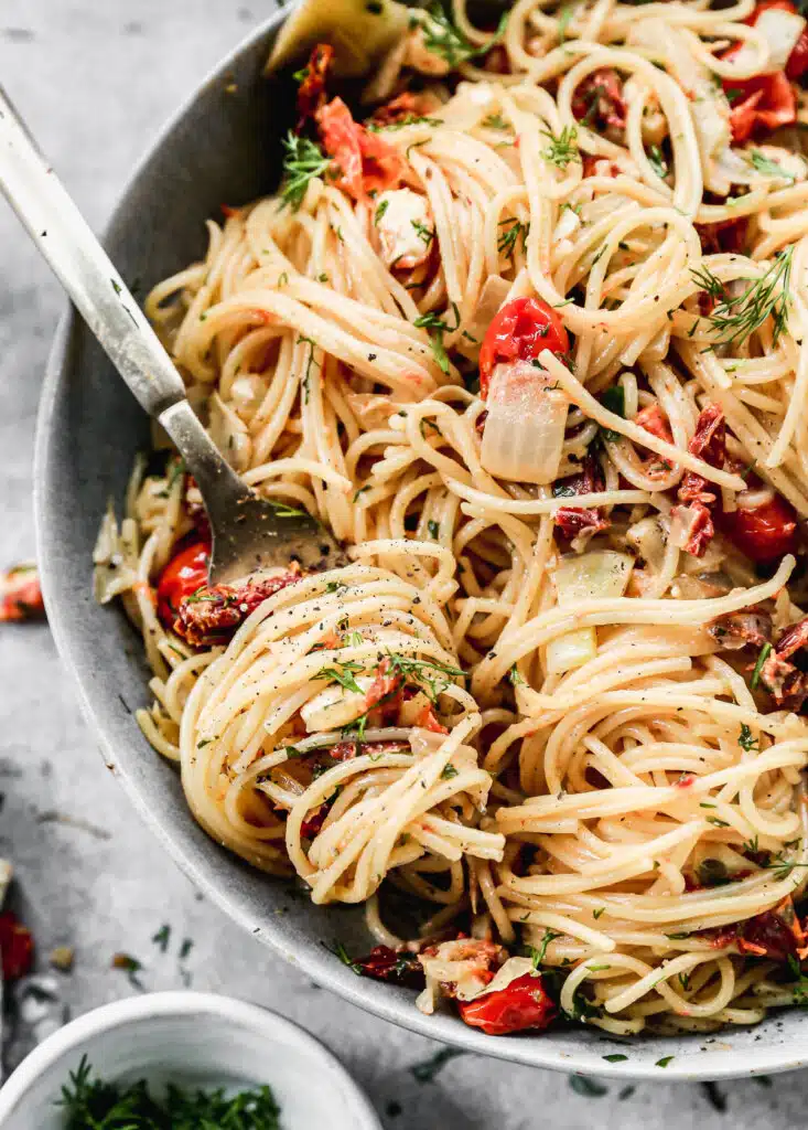 With two different types of tomatoes as a base, a garlicky wine and feta-infused sauce and a plethora of fresh dill and parsley peppered throughout twirls angel hair noodles, our Mediterranean Pasta is the best way to sprint into spring.