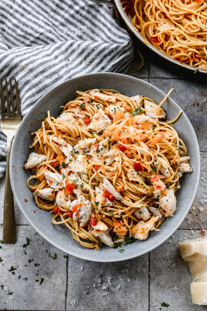 Crab Spaghetti with Calabrian Chili Butter Sauce is spicy, delicate and infinitely easy to throw together. Perfect for date night in!